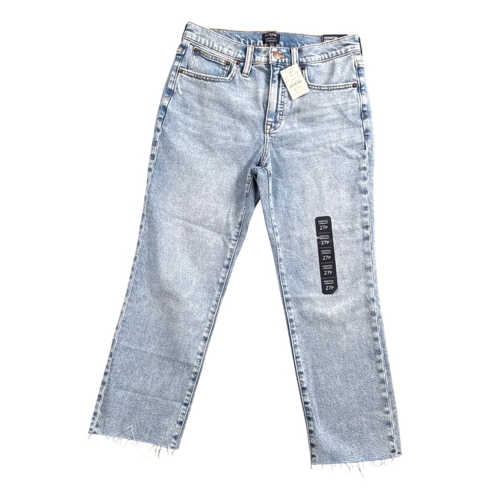 NWT J.Crew Essential Straight Jeans Women 27P Light Blue All-Day Stretch Raw Hem